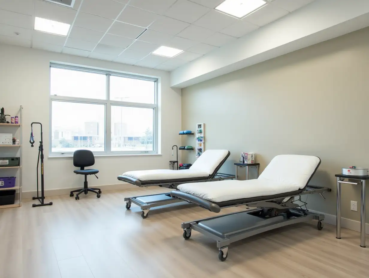 Modern physical therapy room with exercise equipment and beds