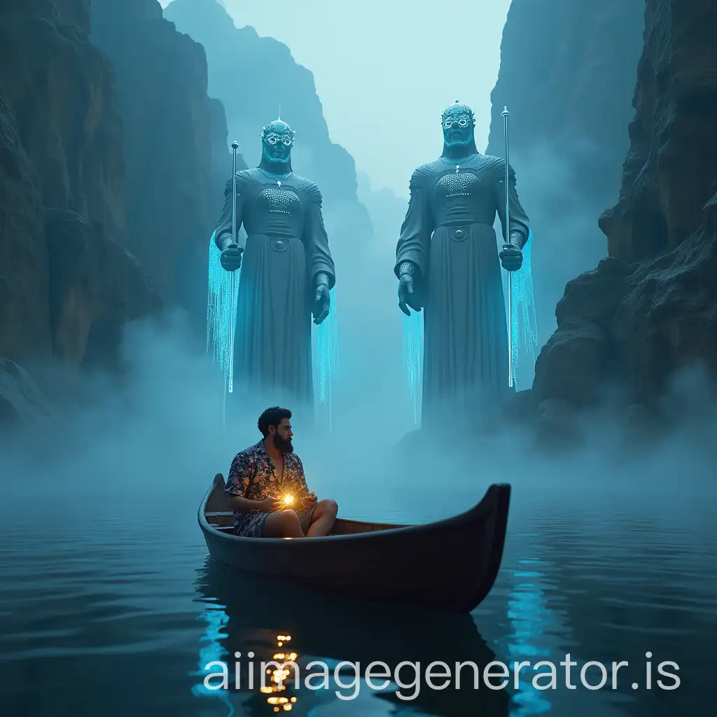 MistyAI-Art-Prompt-Expansion-River-with-AI-GodStatues-and-Bearded-Man-in-Hawaiian-Shirt
