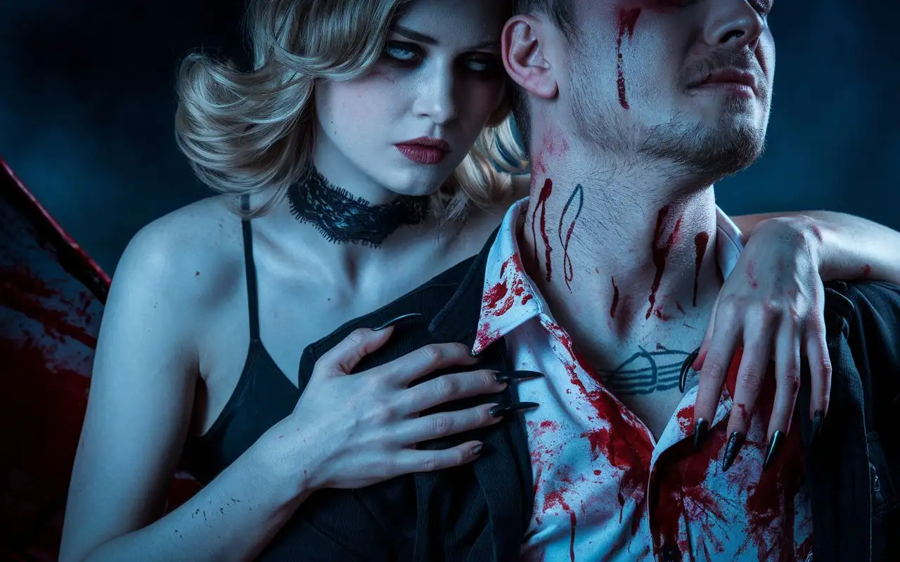 Vampire-Woman-and-Bloodstained-Man-in-a-Gothic-Embrace