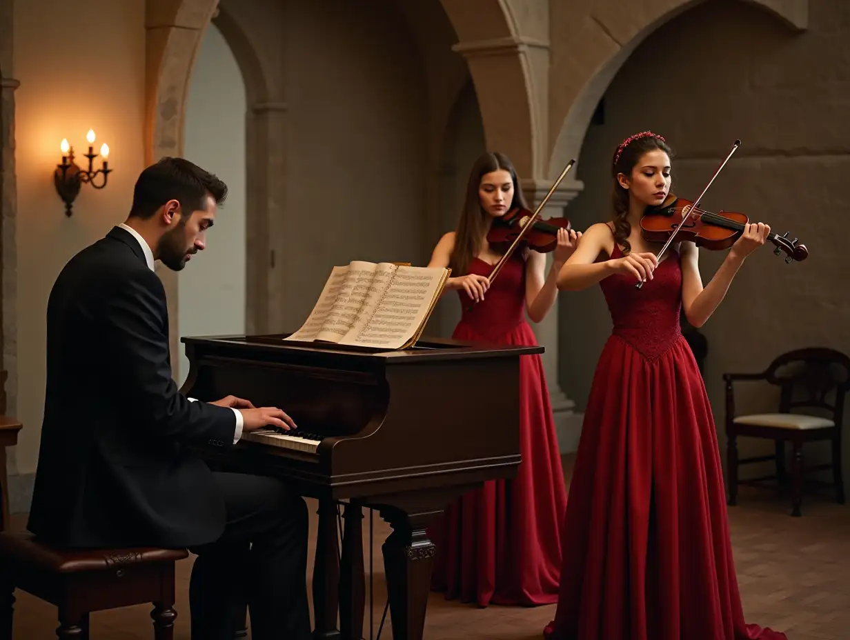 generate a man playing piano and two women playing a violin playing classic music in a medieval castle with a width background scene in 16:9