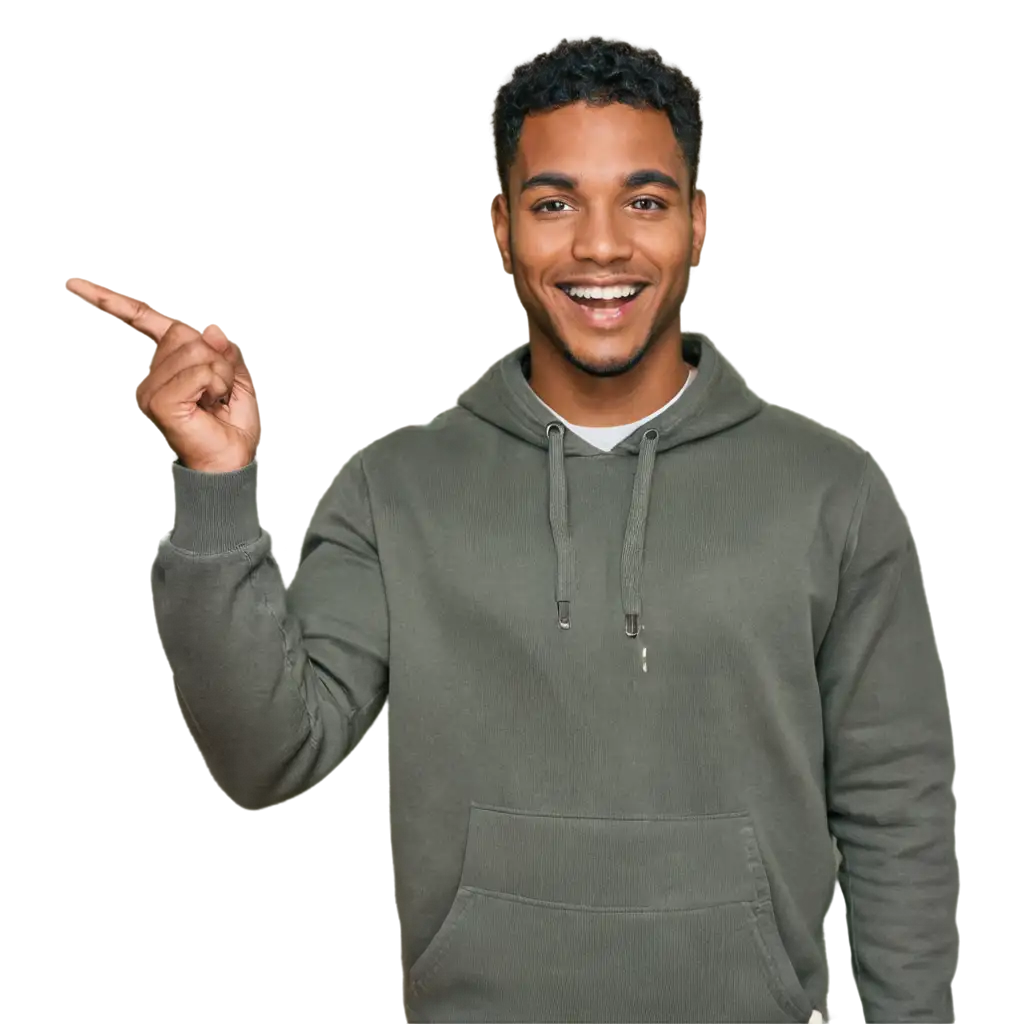 a black man pointing to the the side, smiling and excited