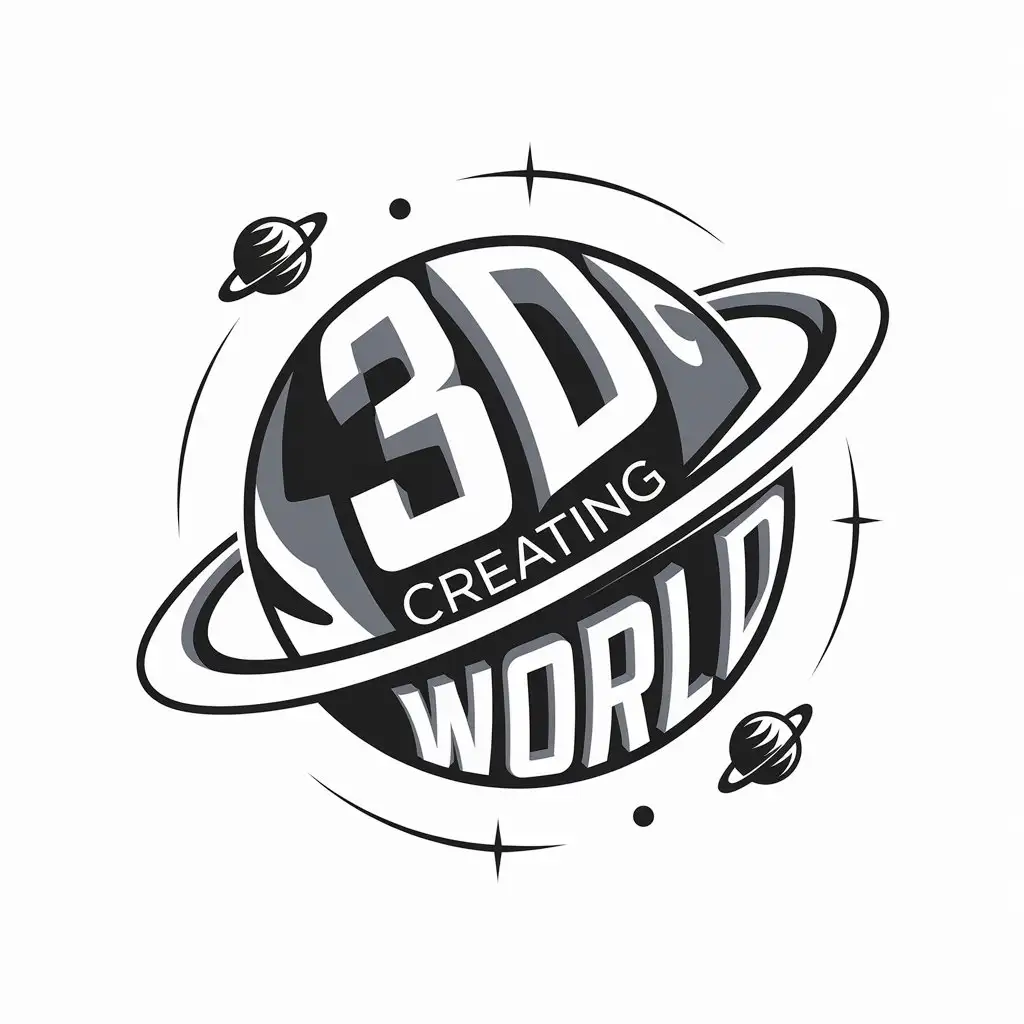 a vector logo design,with the text "3D creating world", main symbol:Planets, 3D print, creativity, children,Moderate,be used in Technology industry,clear background