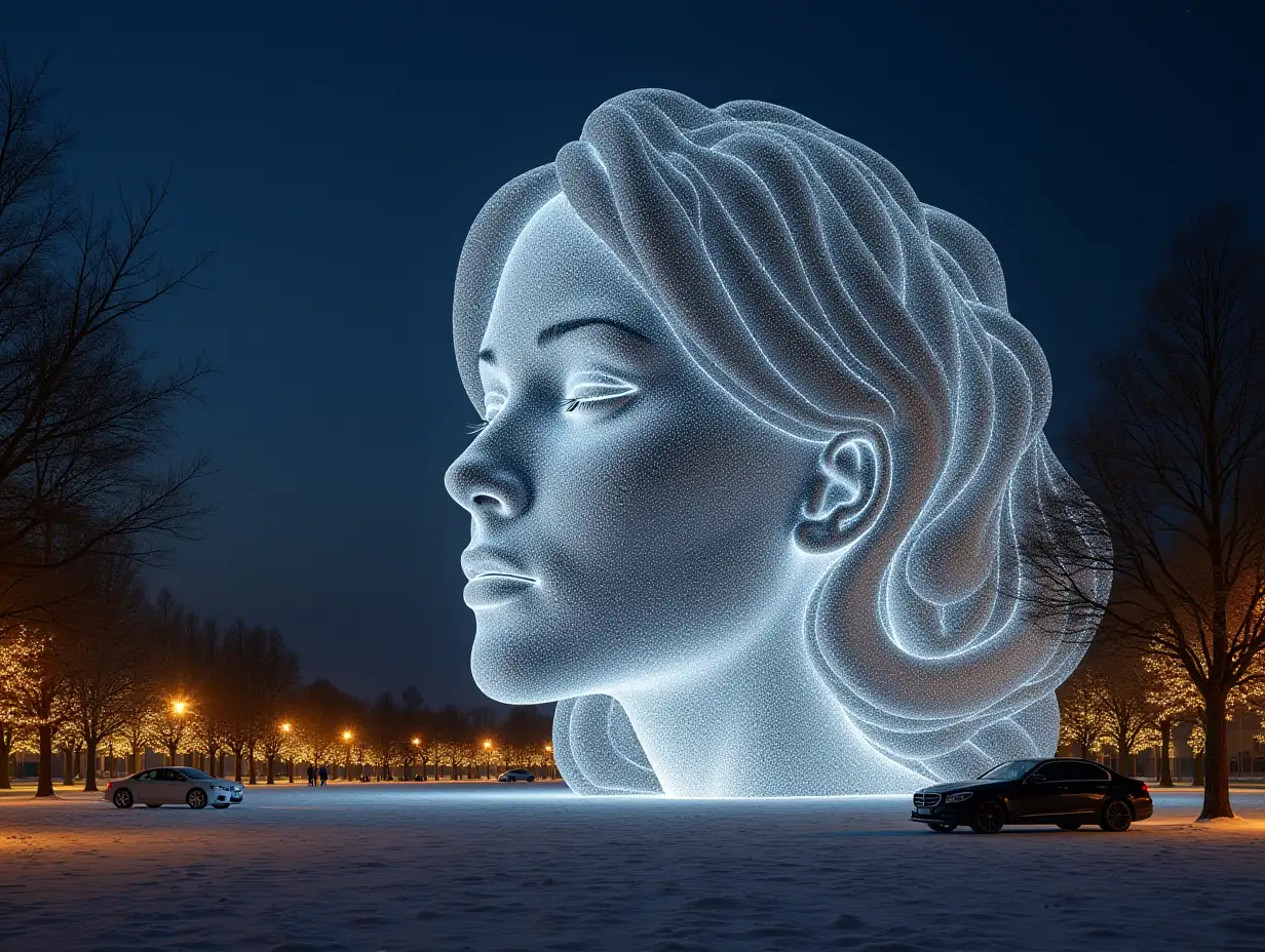 Face with hair transforms into building with silver stone and Illuminated trees and Cars