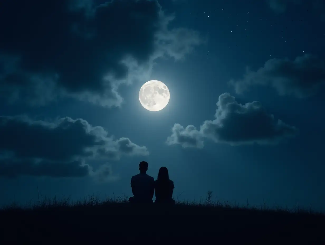 Two silhouettes sitting close together on a grassy hill under a vast night sky, gazing at a large, glowing full moon. The sky is partly cloudy, with patches of stars visible, adding a mystical, dreamy atmosphere. The background features dark clouds with hints of deep blue and purple hues, while the moonlight casts a soft glow on the clouds and grass around them. The overall scene is tranquil and romantic, with a peaceful, introspective mood.