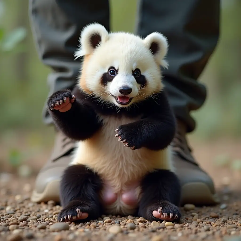 A baby panda hanging on a man's feet