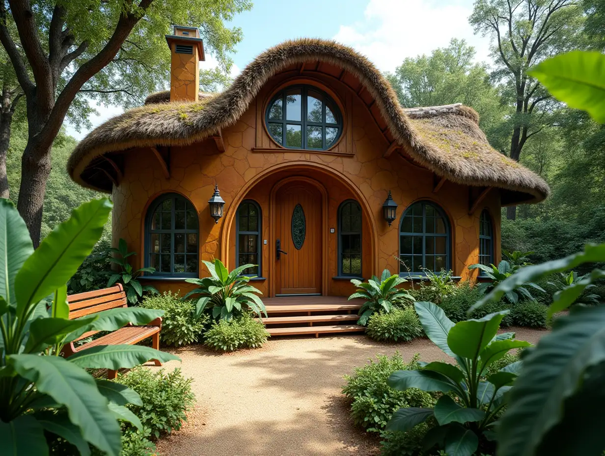 crooked house garden planting-with wood Stuck, large windows with Glass to, curved, smooth window shapes, winding big entrance step out of Wood waterfall, Bananas plant complex curved roof,Lanterns,Bench Apple tree 4K resolution bright Colorful superWide-angle shots