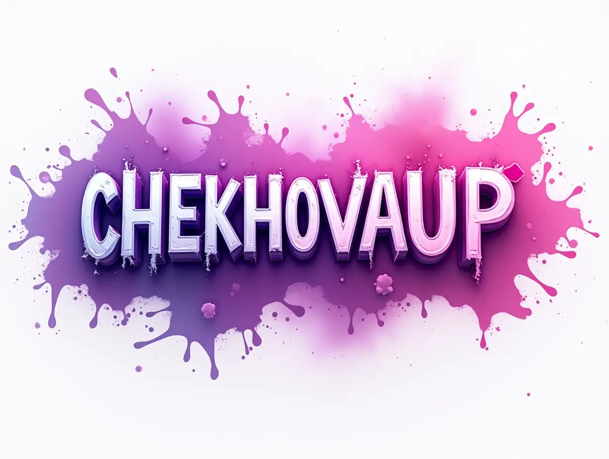 Create artistic 3D text of CHEKHOVAUP with purple, pink splashes on the background and an up arrow because of the lettering