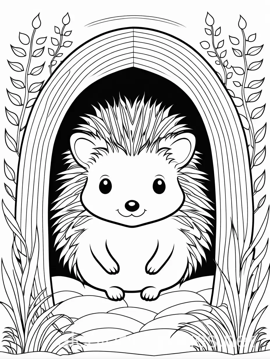 Cuddly Hedgehog curled up in a cozy burrow, Coloring Page, black and white, line art, white background, Simplicity, Ample White Space. The background of the coloring page is plain white to make it easy for young children to color within the lines. The outlines of all the subjects are easy to distinguish, making it simple for kids to color without too much difficulty