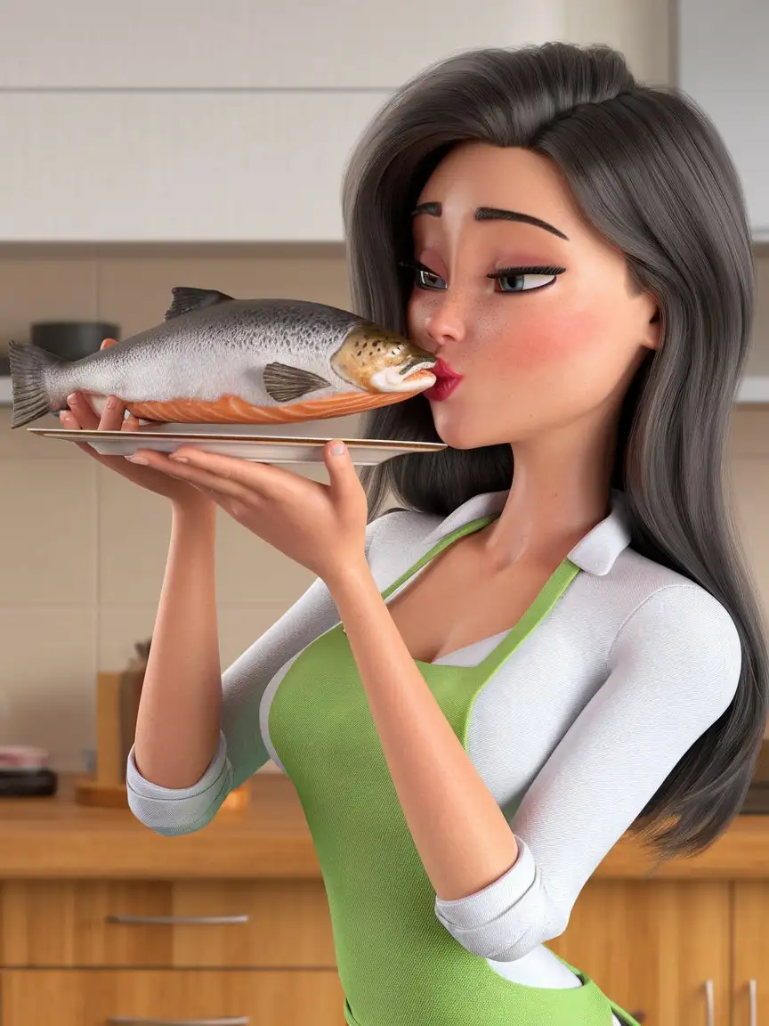 Sexy-Woman-Kissing-a-Herring-in-3D-Animation