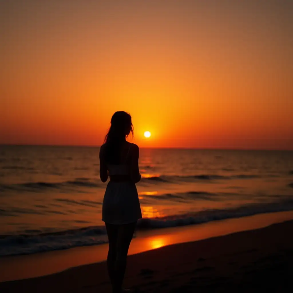 Image of a silhouette of a woman standing looking at the beach at sunset