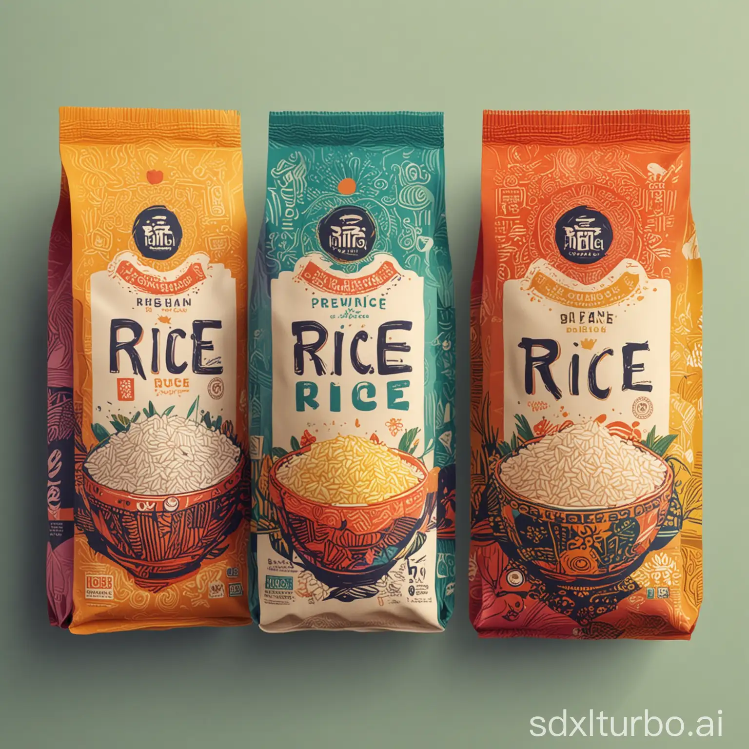 Rice packaging design illustration, flat style, ethnic, vibrant colorful with personality