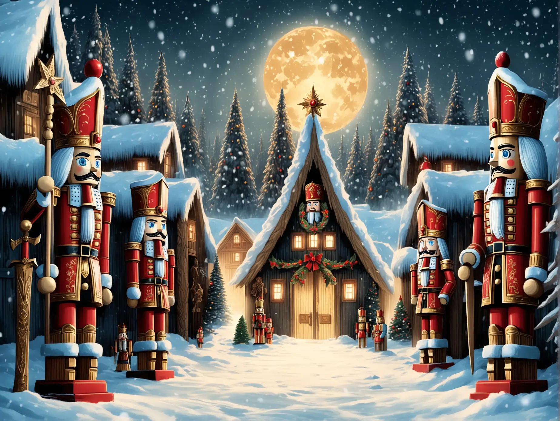 A snowy Christmas Eve in Lapland, where two towering 2-meter-tall nutcrackers stand as imposing sentinels in front of the village's secretive wooden entrance. The nutcrackers, close-up in the foreground, are intricately designed, painted in vibrant red and gold with ornate detailing, their stern faces enhanced by glowing eyes and grim expressions. Each nutcracker wields a menacing weapon—one gripping a sharp battle axe with icy etchings, the other holding a gleaming halberd adorned with intricate Christmas motifs. Behind them loom massive wooden doors, carved with delicate but eerie Christmas designs, flanked by towering wooden walls that enclose the mysterious village. In the distance, faint glimpses of the village are visible—cozy wooden houses with snow-laden roofs, bathed in a warm, magical glow. The entire scene exudes an air of secrecy and unease, with frosty snowflakes falling under the silvery moonlight, creating an enchanting yet foreboding atmosphere.