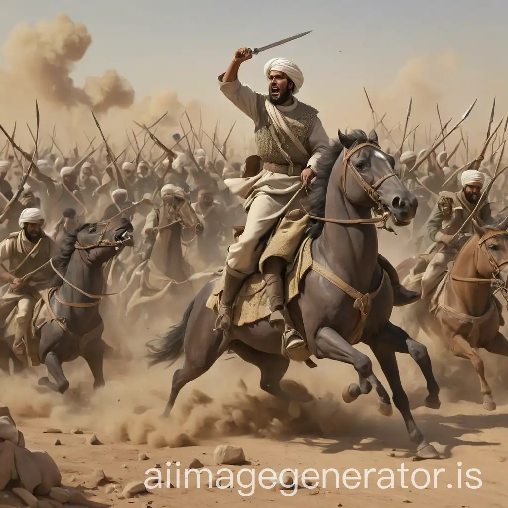 Images of Khalifah Ali and Muawiyah, then images of the battle