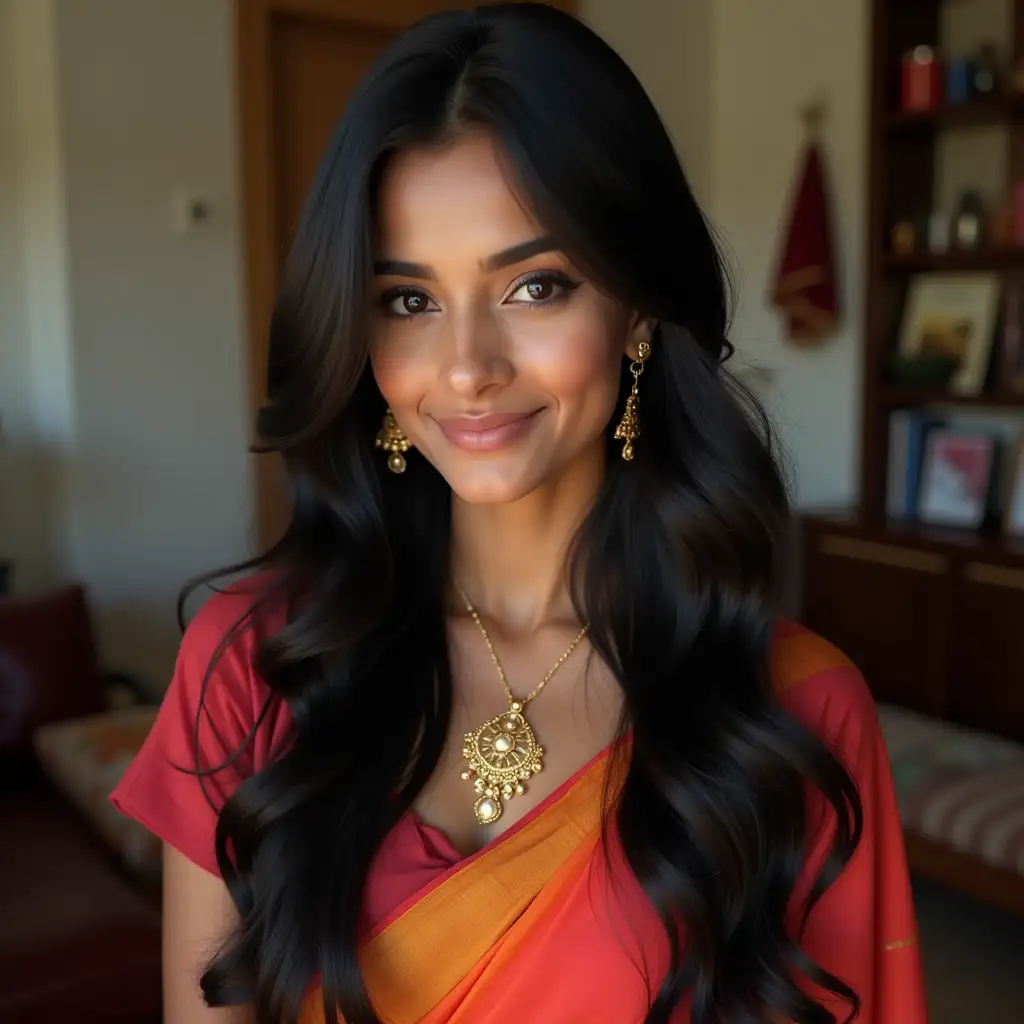 Young-Indian-Model-in-Elegant-Saree-with-Long-Black-Hair-in-Cozy-Living-Room