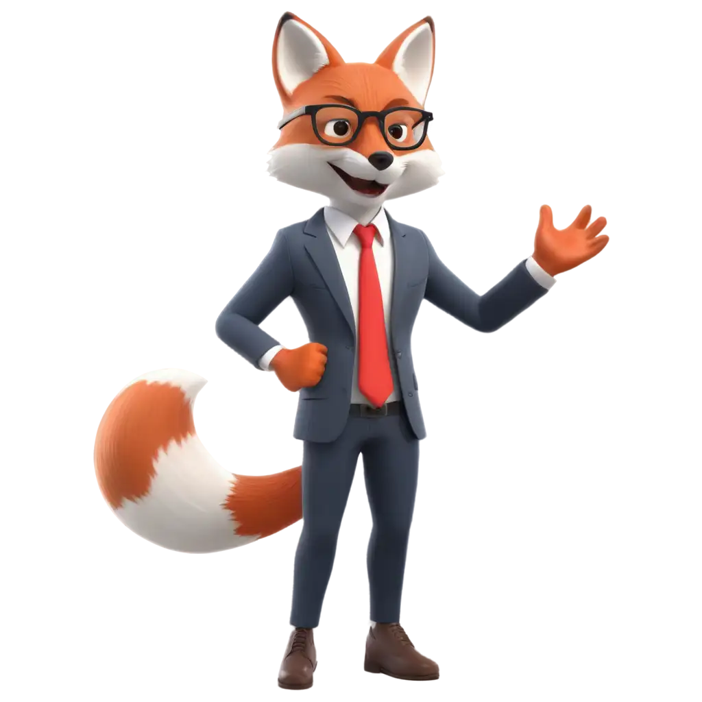 3D fox in a business suit wearing glasses and making a cool pose