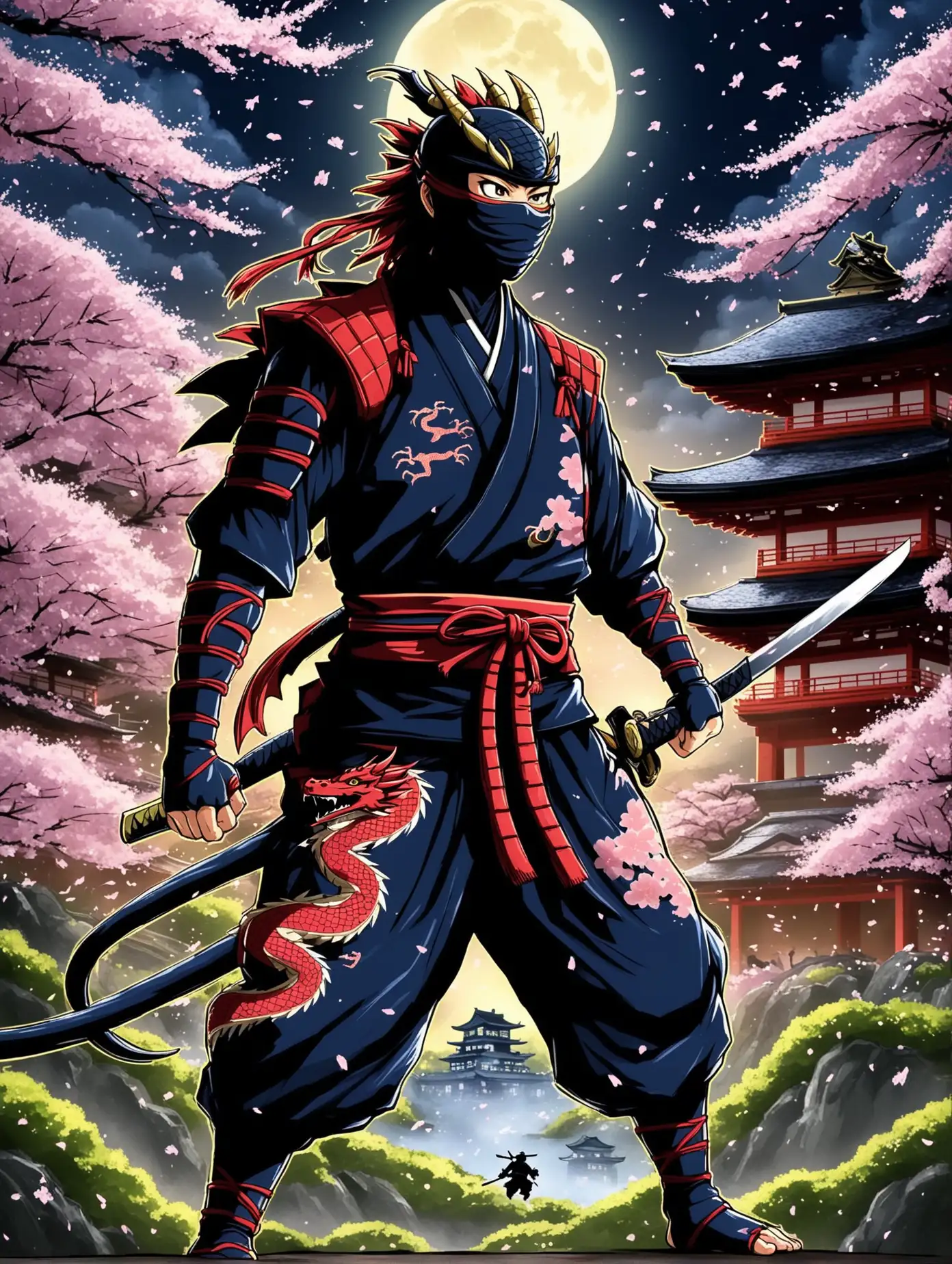 Ninja-and-Dragon-Fusion-Under-the-Spring-Night-Sky-in-Japan