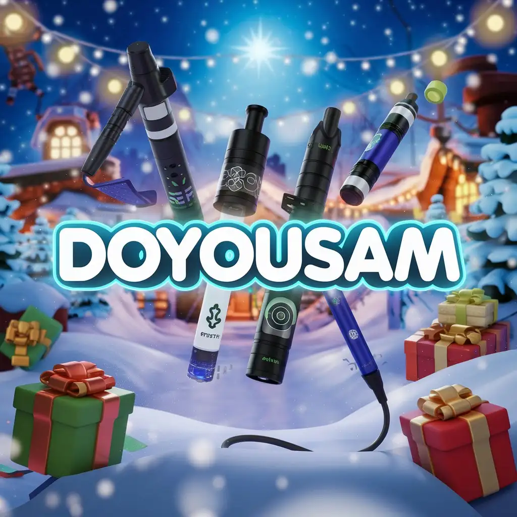 in the center text DOYOUSAM vape, one-time electronic cigarettes, hookahs floating in the air on a bright New Year's nature background with 3d special effects