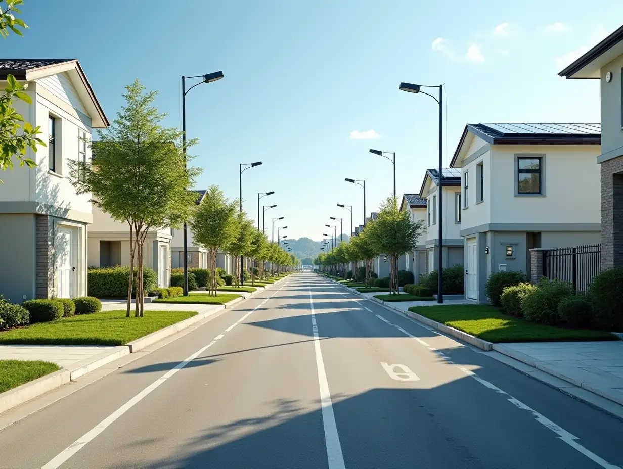 A street-level view from the center of a modern residential road, showcasing a clean and organized neighborhood. The scene features terraced single-family homes with minimalist architecture and rooftop solar panels on both sides of the street. The road has clearly marked lanes and sidewalks with small green areas. Visible are solar-powered streetlights evenly spaced along the street, providing a sleek and eco-friendly design. In the distance, there is a small utility transformer station integrated into the landscape, connected to visible underground power distribution lines. The overall atmosphere is sunny, with shadows cast by the homes and trees, creating a serene suburban environment.