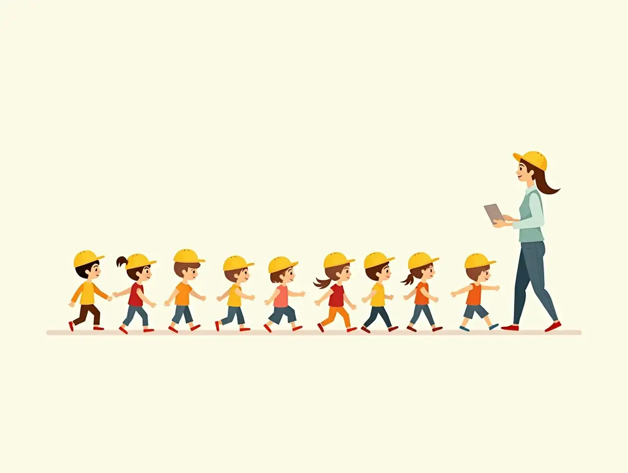 Kindergarten-Toddlers-Wearing-Yellow-Hats-Following-Teacher-in-Line