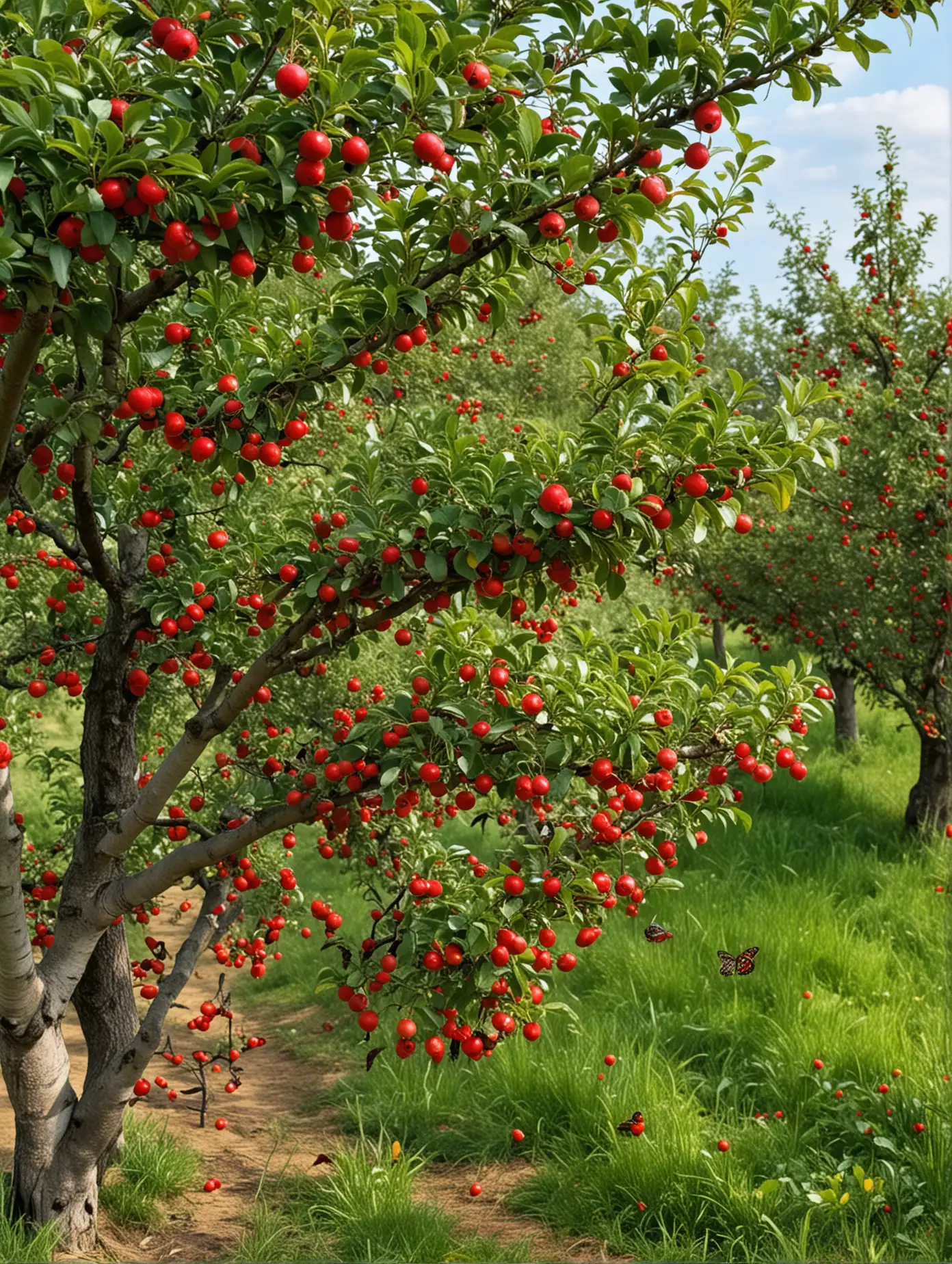 The apple orchard bears red fruits, the apple tree is very lush with green leaves, beautiful grass butterflies beautiful butterflies fly 