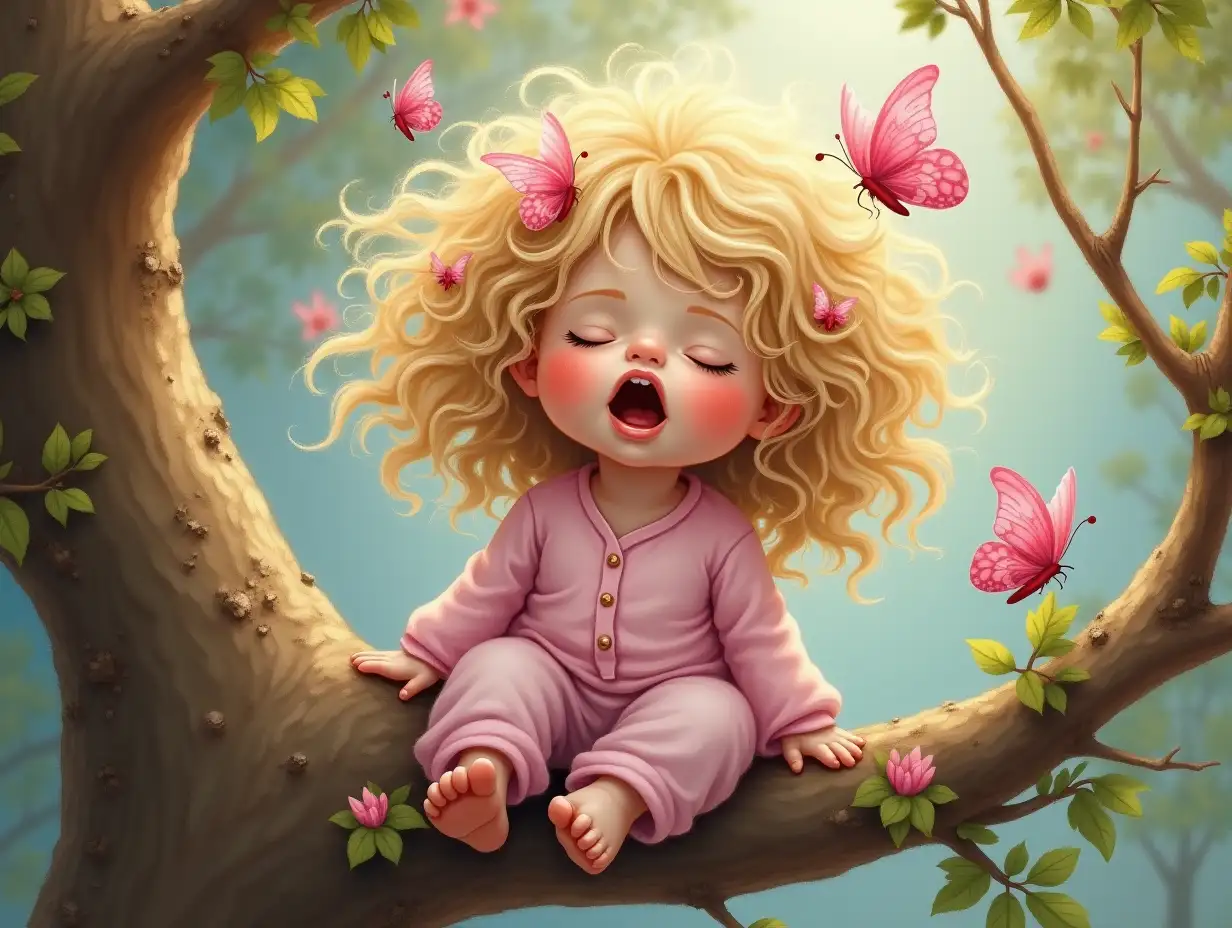 A cute, chubby girl with wild, messy blonde hair adorned with small pink butterflies, peacefully sitting on a tree branch and yawning. She is wearing a light pink pajama, and her expression shows a gentle, sleepy yawn. The scene should be rendered in the style of oil painting, with rich, textured brushstrokes giving it a classic, hand-painted look. The details of the branch, her hair, and the butterflies should have a soft, realistic texture, evoking a warm, whimsical, and serene atmosphere