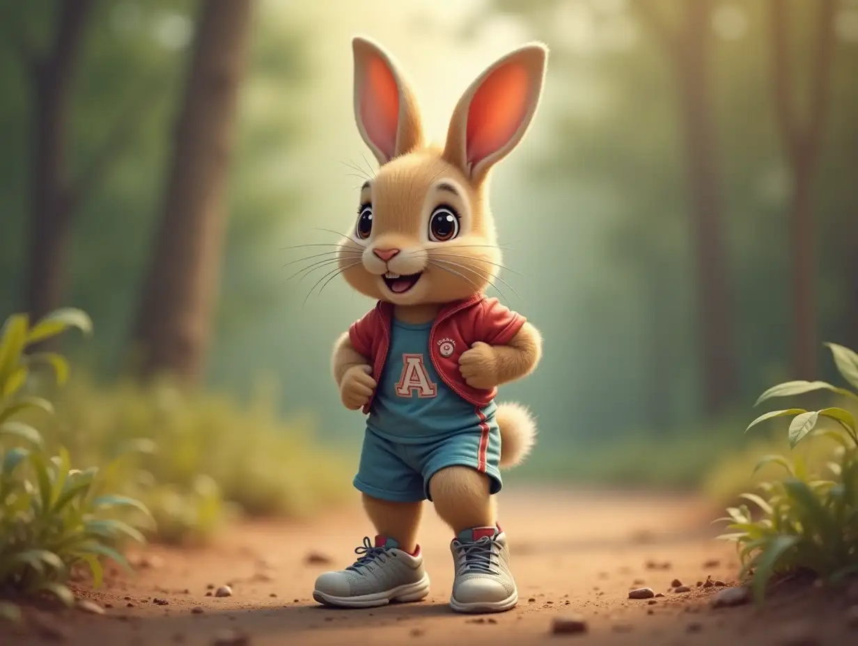 A cute little rabbit in athletic outfit, with running shoes on. Background is a forest.