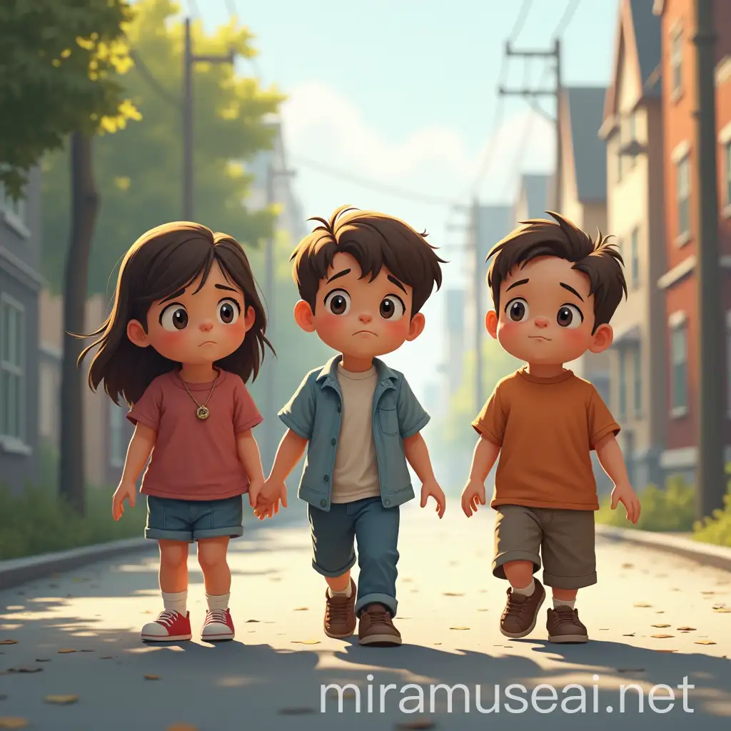 Three Sad Children Walking Along a Lonely Road