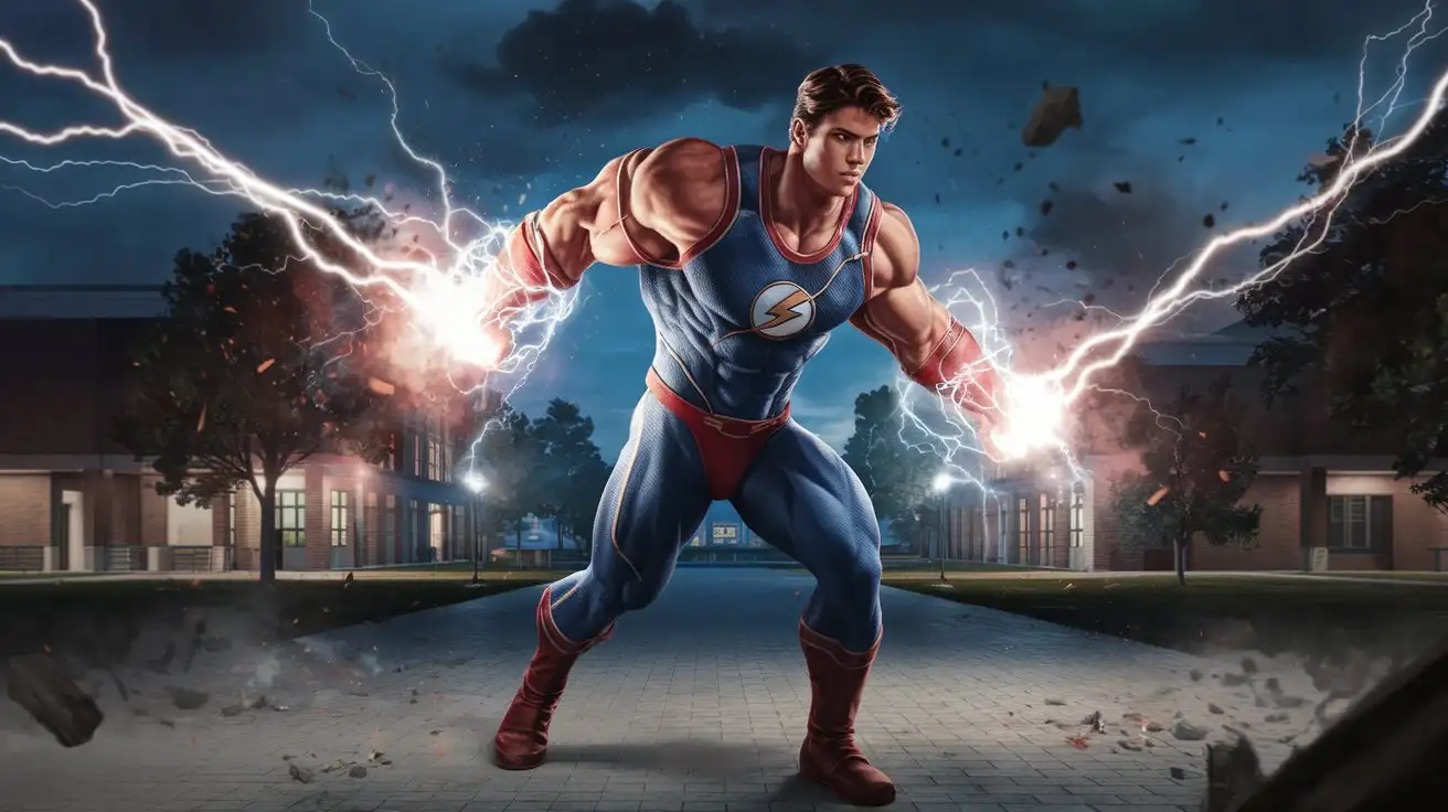 Hugely ripped superhero with Herculean superpowers uses massive blasts of electricity to fight evil on a college campus at night. 18 years old. Photorealistic.