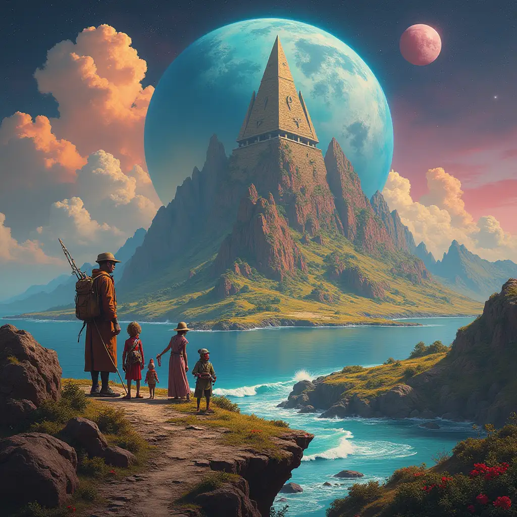 Ultradetailed hyperrealistic portrait  Multiverse time traveler with various strange beings on an island The elaborately detailed, colorful planet with pyramid, in the background mountains and sea