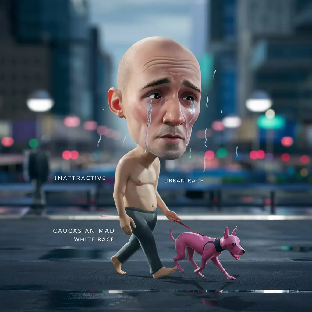 Emotionally Distressed Man with Pink Tracksuit and Dog in Urban Setting