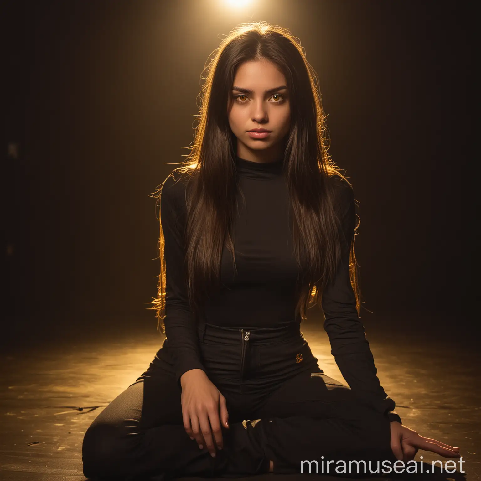 Young Woman in Black Outfit Under Yellow Spotlight