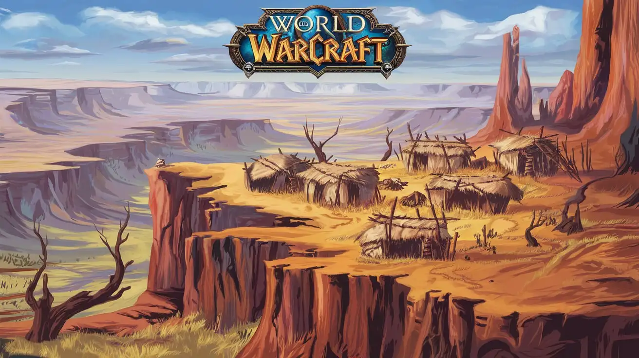 Stylized Game Cover Art of a Tribal Settlement on Mesa Bluffs