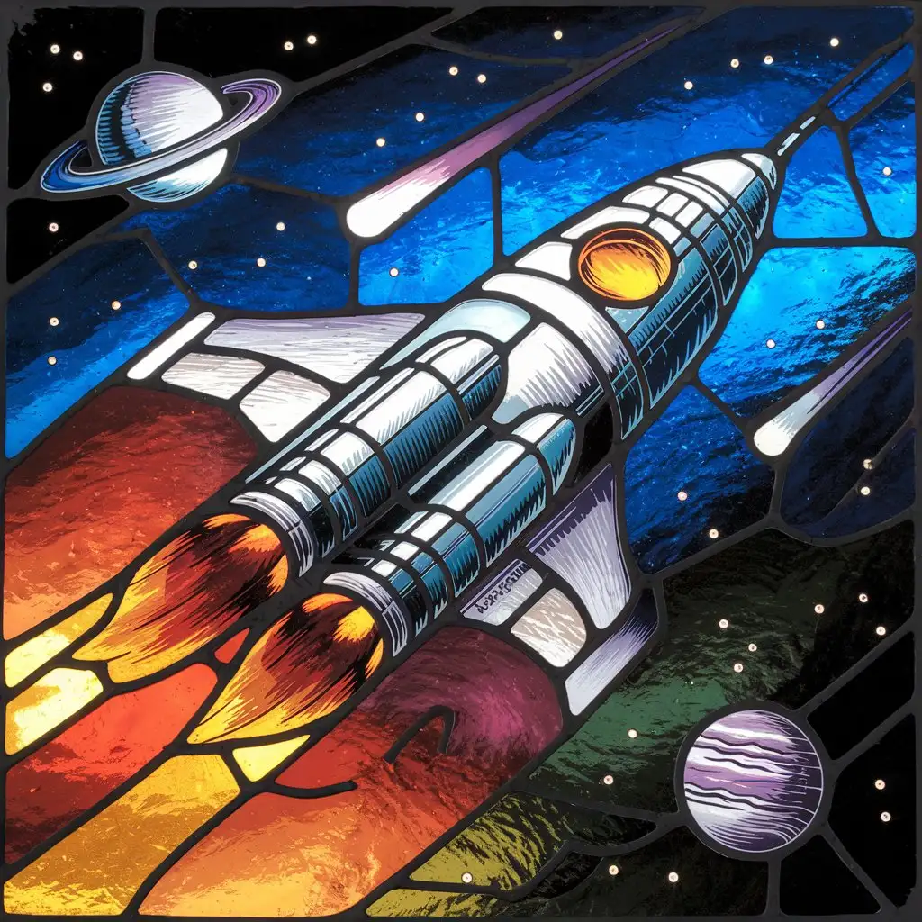 Stained Glass Spaceship Artwork with Cosmic Colors and Intricate Design