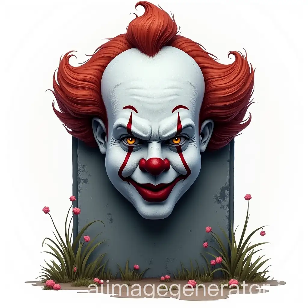 Create for me a Halloween headstone size A3 of the clown from IT face and background in white