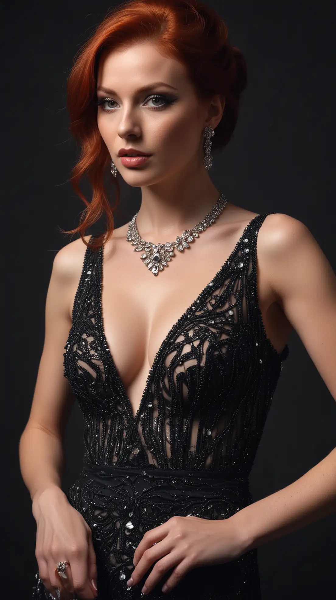 RedHaired-Race-Queen-in-Elegant-Dress-and-Haute-Couture-Jewelry