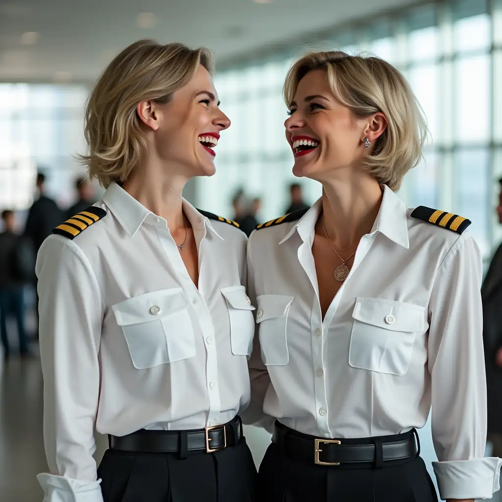 two white Norwegian ladies, in white deep-necked pilot uniform button shirt, laughing with her mouth open, red lipstick accentuating her smile,belt on waist, big wide hips, chest are fully grown, jewelry, short hair, HD, enjoying in airport, photo-realism