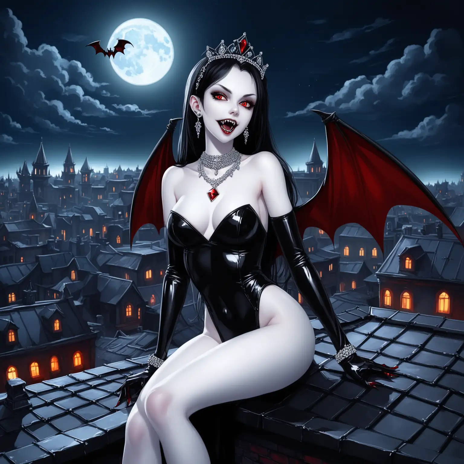 Mysterious-Vampire-Girl-in-Black-Latex-on-Old-City-Rooftop-under-Moonlight