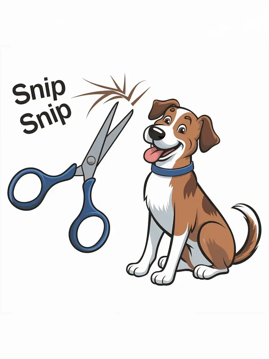 Joyful Dog Grooming Cartoon Scissors and Happy Pet on White Background