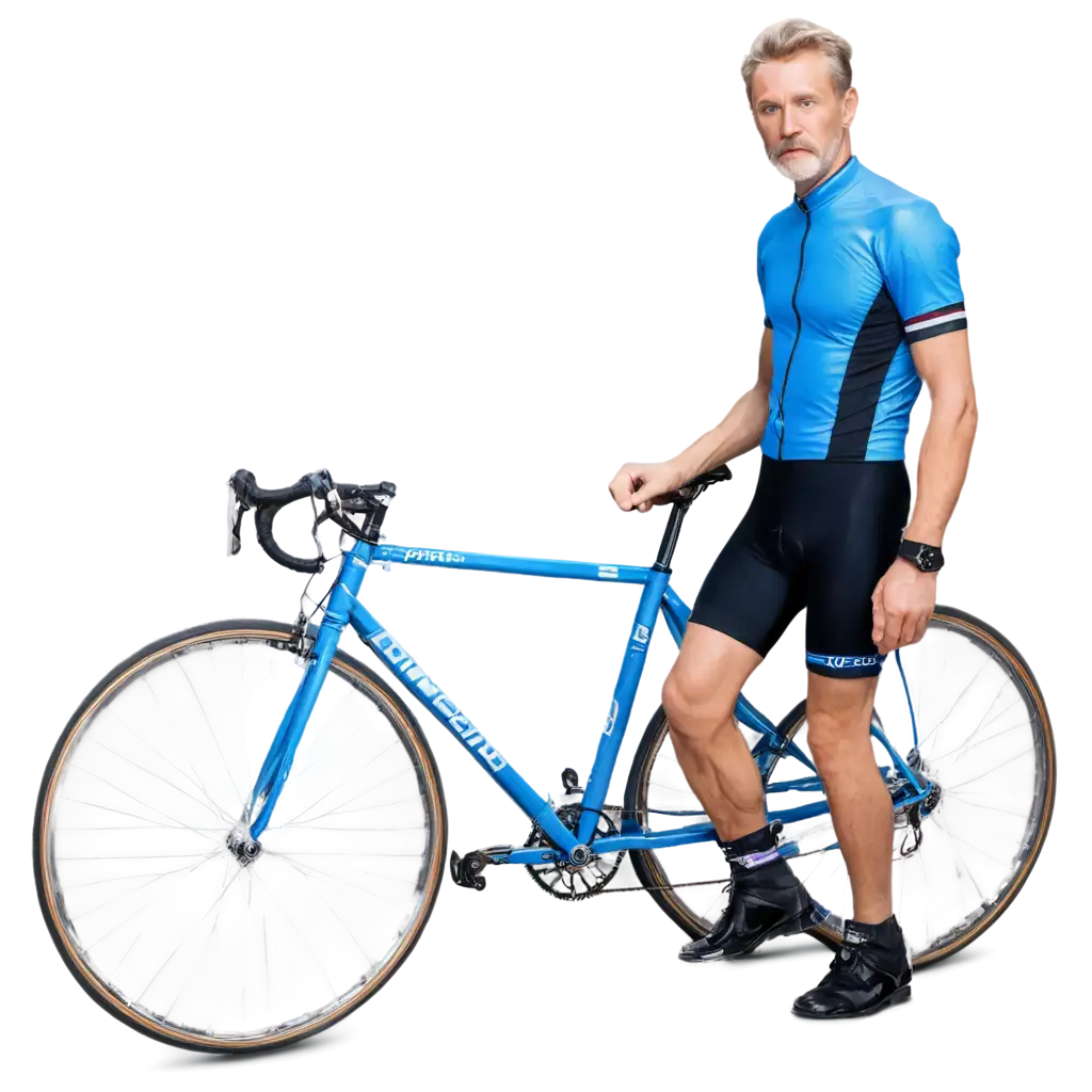 A blonde cyclist with blue eyes, 60 years old, without a beard or mustache, with a racing bike that is blue