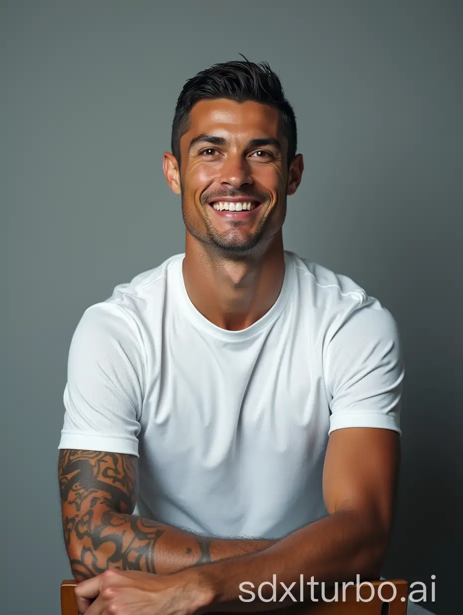 A football superstar Cristiano Ronaldo Sitting on a chair wearing white shirt, facing towards the camera, gray wall background, Middle shot