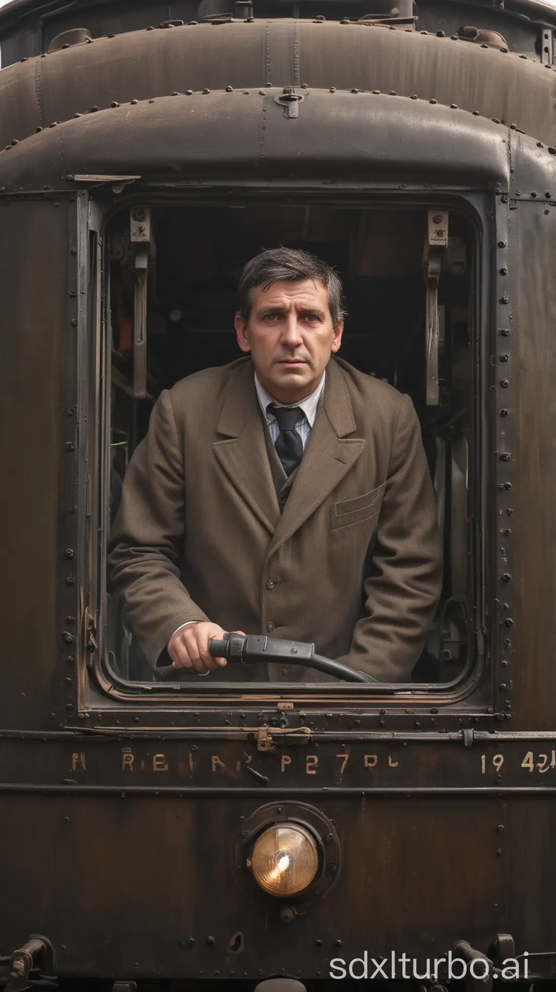 A train driver looking directly at the camera from the front of an old moving train. The perspective is from the railway tracks, as if the viewer is standing in front of the train. The driver's face and upper body are visible through the front window of the train cab. It's daytime with realistic lighting. The background shows the railway tracks, dust rising on the sides as the train moves, and a clear realistic setting.