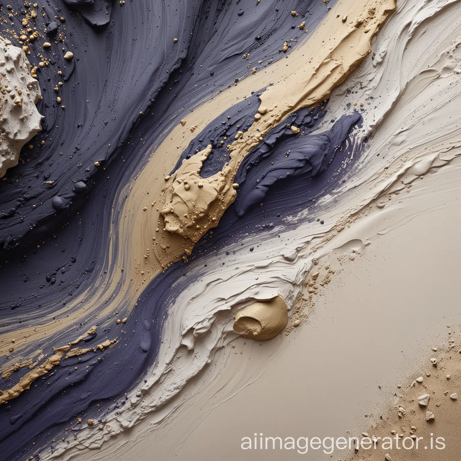 Image with soft horizontal abstract shapes, homogeneous, occupying the entire image. Sandy and stony feeling. Black and white base plus matte color details with different shades of dark blue, gold and purple. Very realistic. Giving a sense of movement.