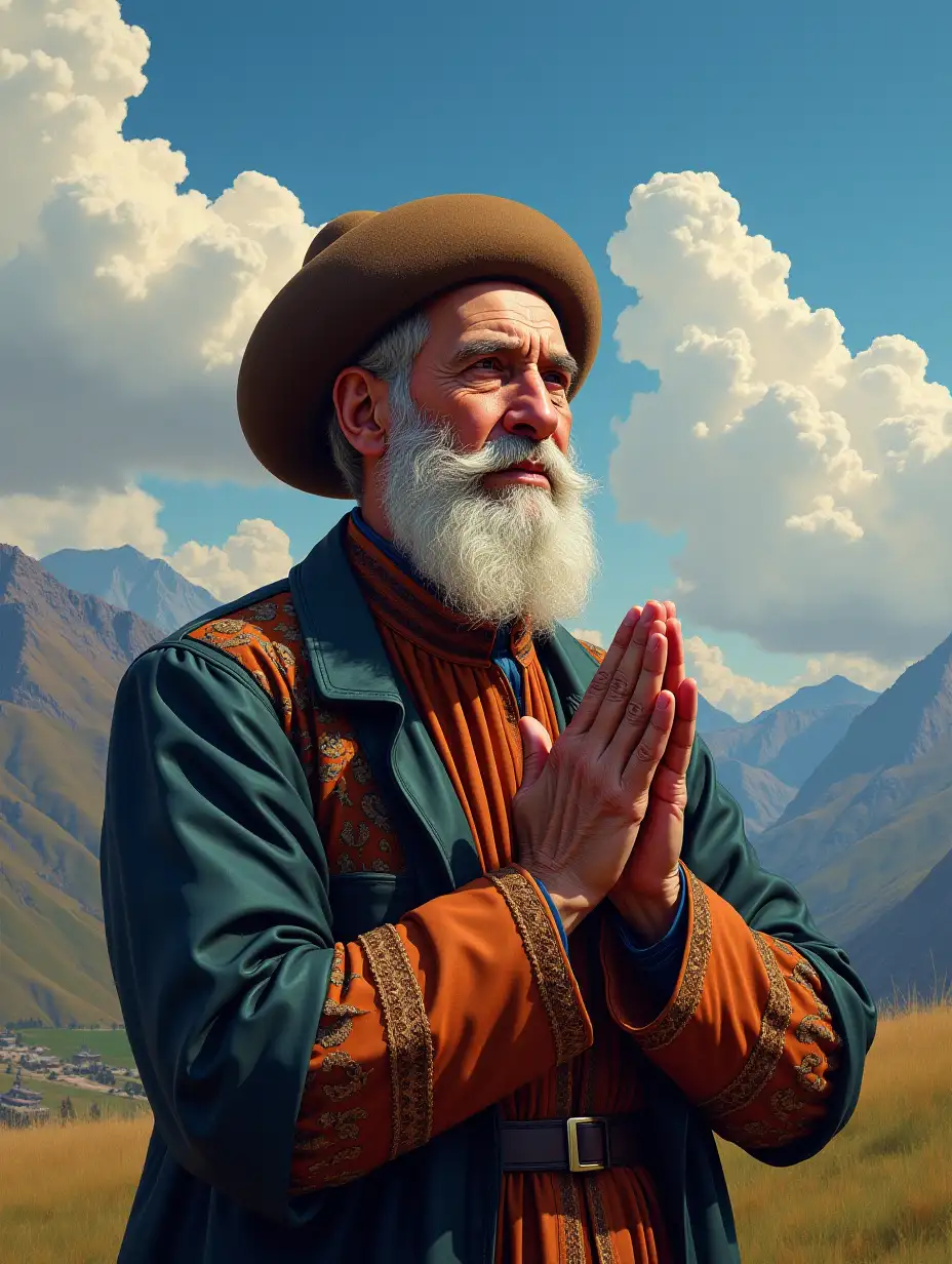 Caucasus . Chechen - 50 years old, in a tube hat raised his hands in prayer. Mountains. Colorful sky . Cumulus clouds . Colored pencils . 16th century, baroque style, photorealistic portrait, desired, digital-art, pixel art, high detail, very detailed, dynamic, intricate details, bohemian, elegant, aesthetic, surrealism, realistic, high quality, work of art, hyperdetailed, professional, hyperrealism, ultrarealism, 32k, ISO/500, HDR, professional photo v.2.5