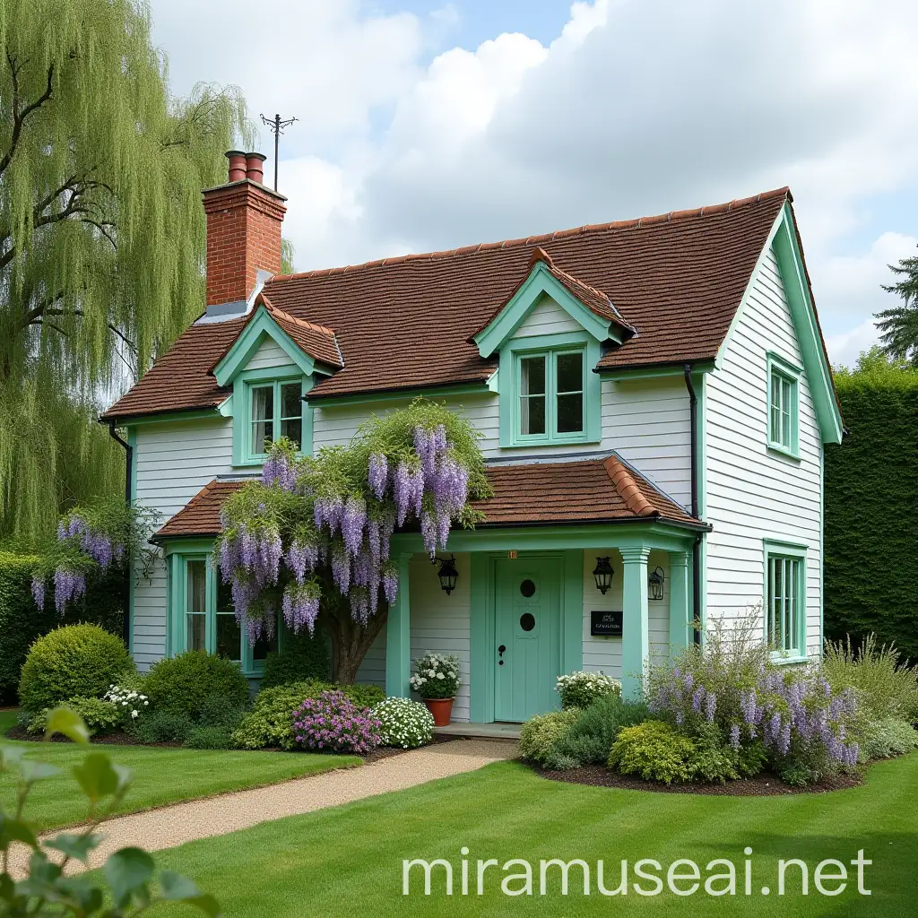 Peaceful English Cottage Surrounded by Blossom Wisteria Trees