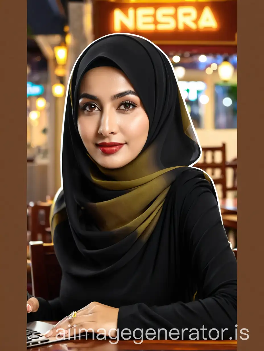 Muslim-Woman-Sitting-in-a-Night-Restaurant-with-Hand-on-Desk