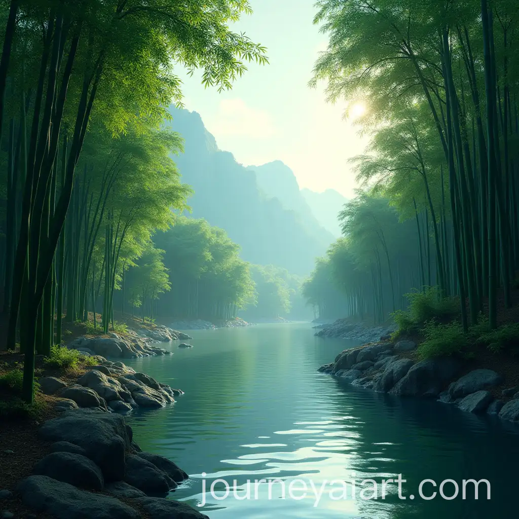 Bamboo-Forest-by-River-with-Mountain-View
