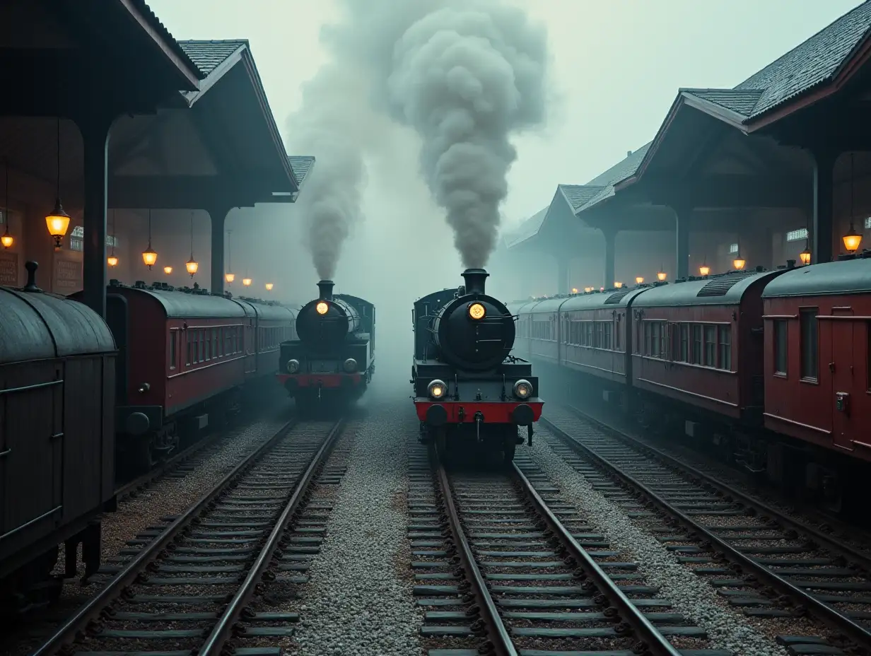 Create a train station with multiple tracks,multiple steam locomotives. A lot of steam is obscuring the station and a station clock shows five to twelve.