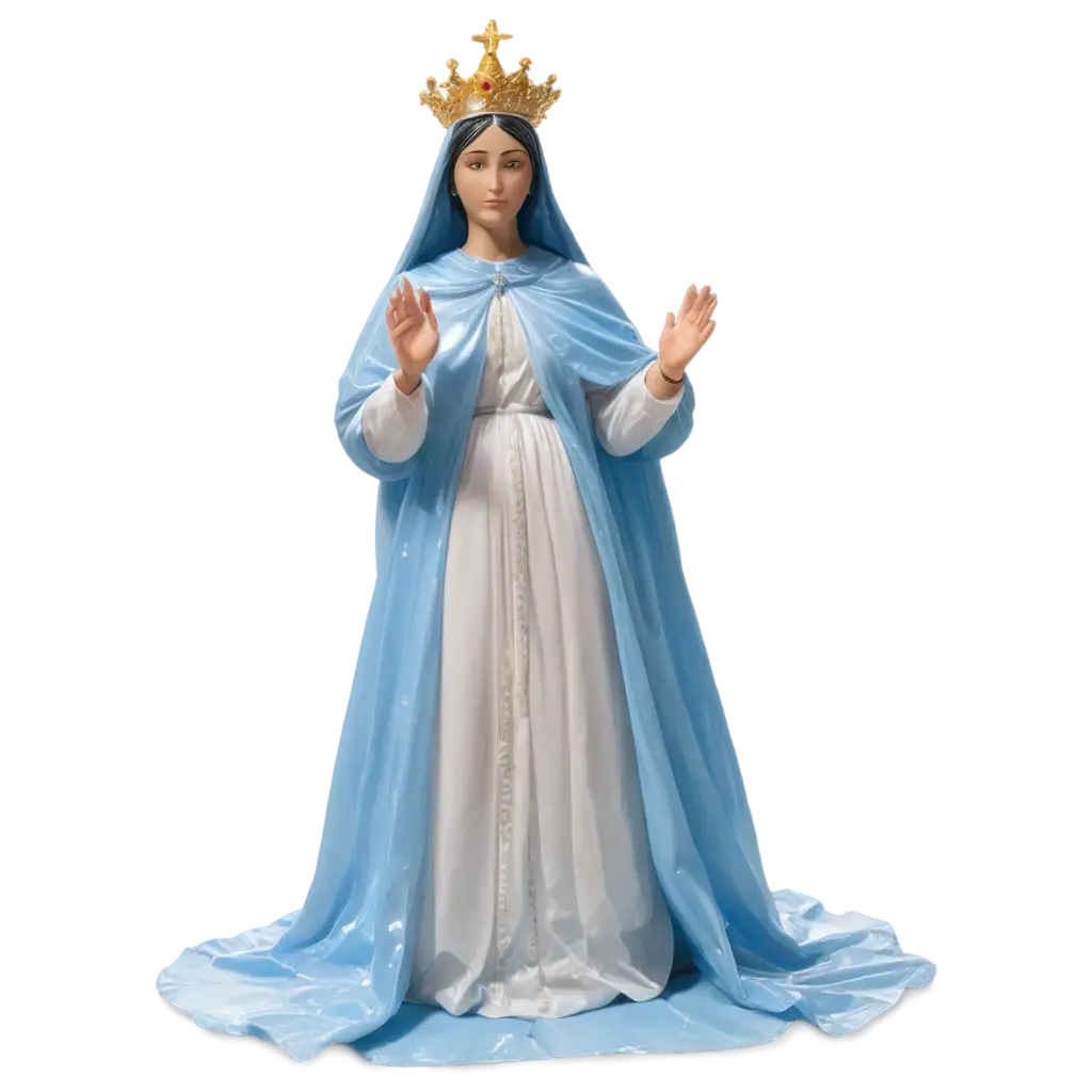 Inflatable transparent figure made of colorfull plastic, product photo from a sales catalogue: The Blessed Virgin floats on a white cloud. Next to her kneel devoutly the shepherd children to whom Our Lady appeared three times in Fatima, Portugal. In this elaborately crafted apparition group, Mary's marvellous cloak with its fine drapery and magnificent crown are particularly striking. Depending on its size, this group of figures achieves a strong aura.