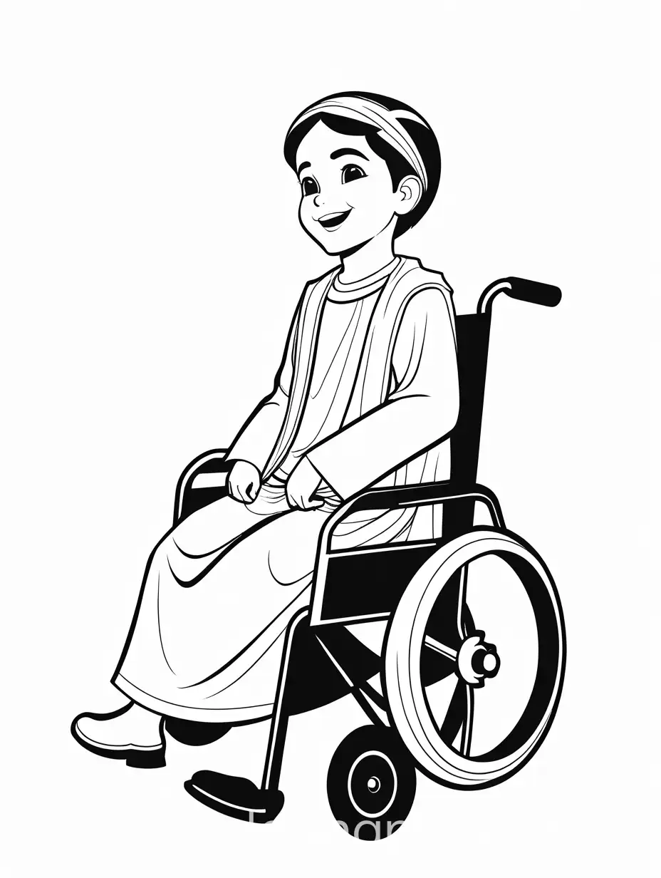 small child on wheelchair full view dressing up as jeus smiling, Coloring Page, black and white, line art, white background, Simplicity, Ample White Space