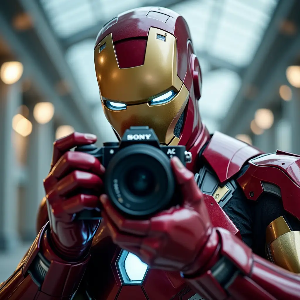 Iron-Man-Holding-Sony-Camera-in-Stark-Building-with-Thoughtful-Expression